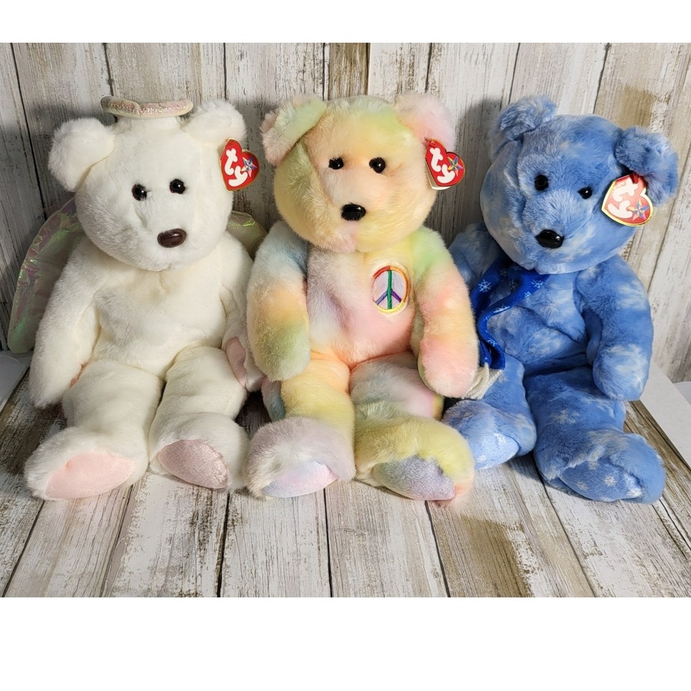 RARE! Ty Original Beanie Buddies Collection 14' Angel Peace Blue Bear w/errors